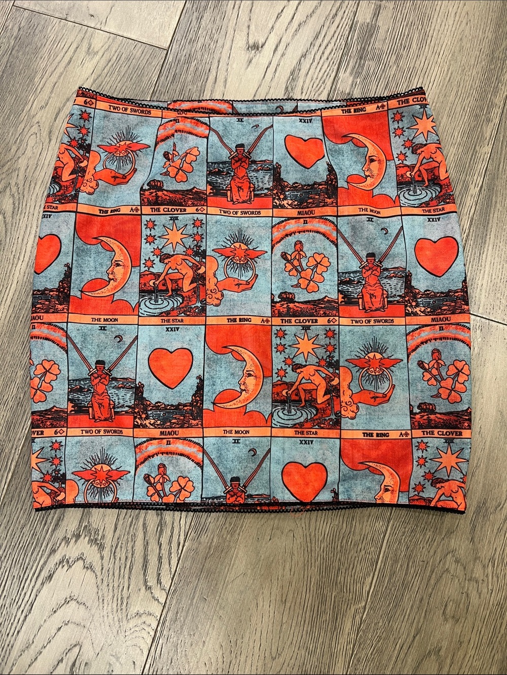 Miaou Tarot Card Print Mini Skirt in Orange & Light Blue